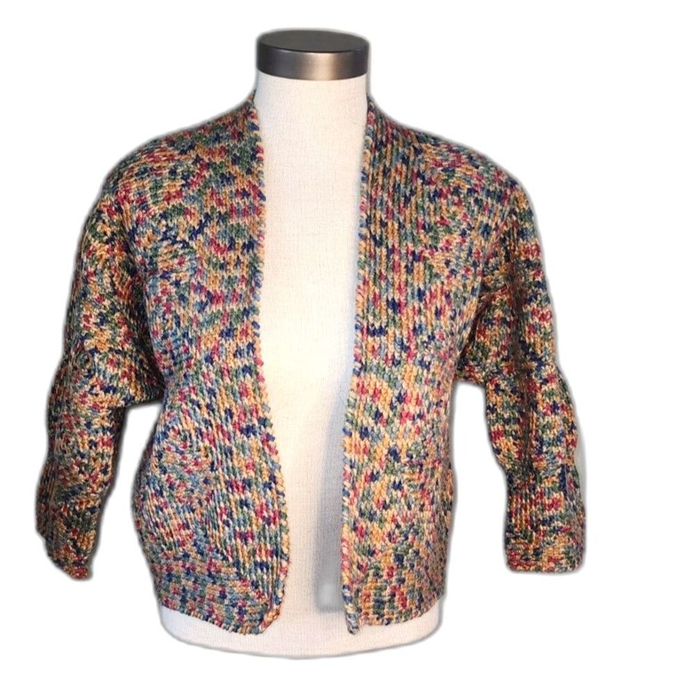 Chunky Hand Knit Multi-Color Open Front Cardigan Sweater Small